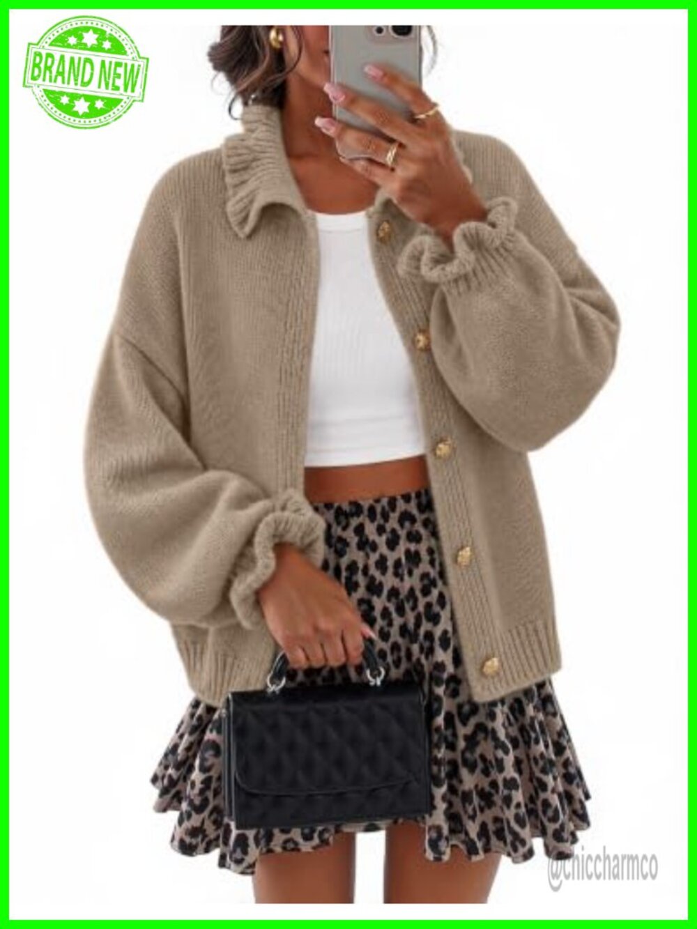 Chunky Knit Cardigan Ruffle Mock Neck Button Down Sweater